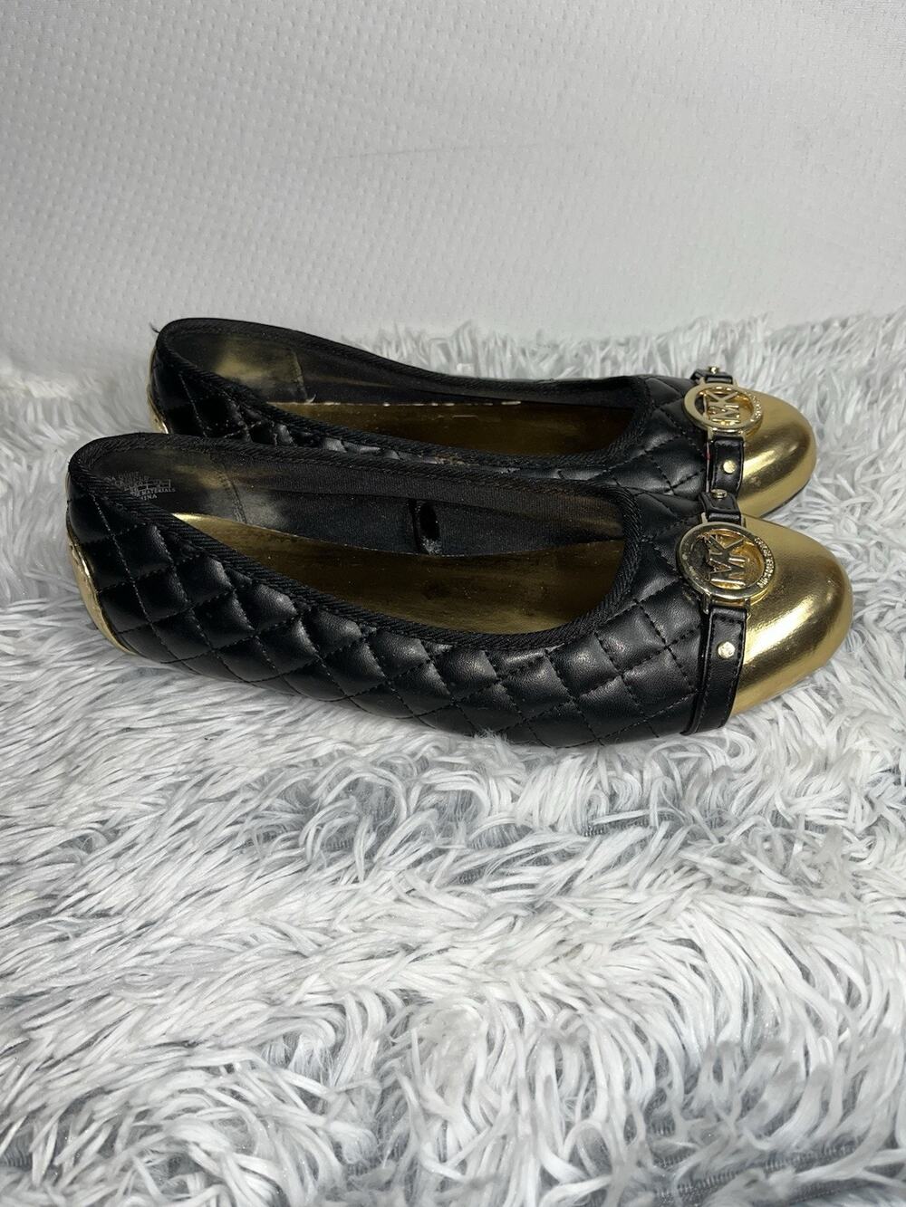 Michael Kors‎ Women's Black Quilted Ballet Flats Leather Gold Toes Size 5